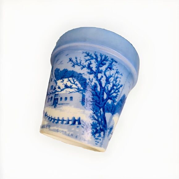 VintageCurrier & Ives The Old Homestead In Winter Ceramic Planter Pot Blue White - Picture 4 of 11